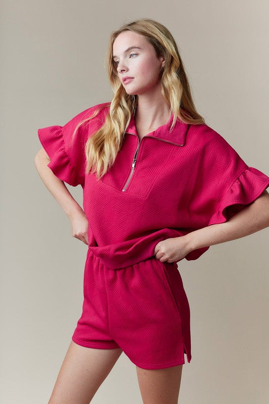 Ruffle Sleeve Top With Shorts Magenta