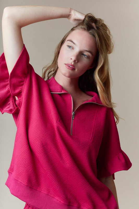 Ruffle Sleeve Top With Shorts Magenta