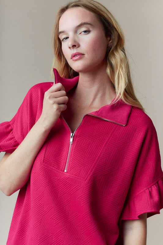 Ruffle Sleeve Top With Shorts Magenta