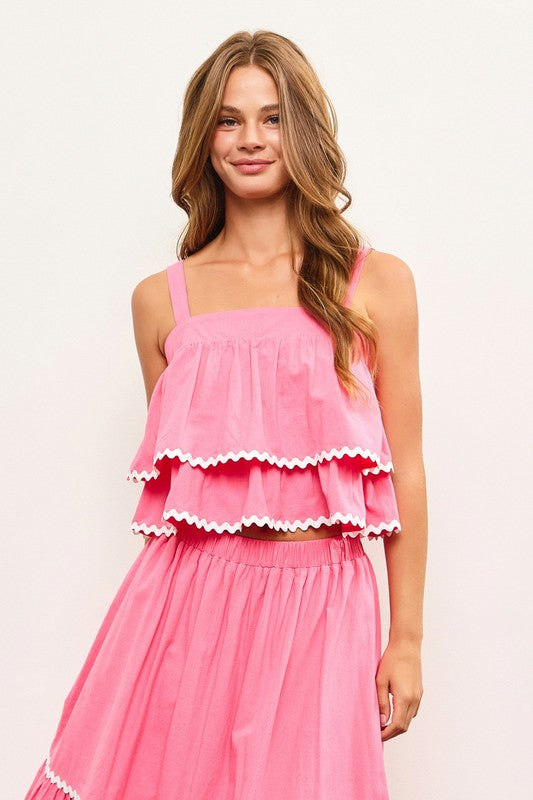 Scallop Trim Tiered Sleeve Top Candy Pink