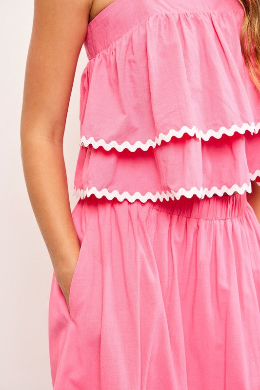 Scallop Trim Tiered Sleeve Top Candy Pink
