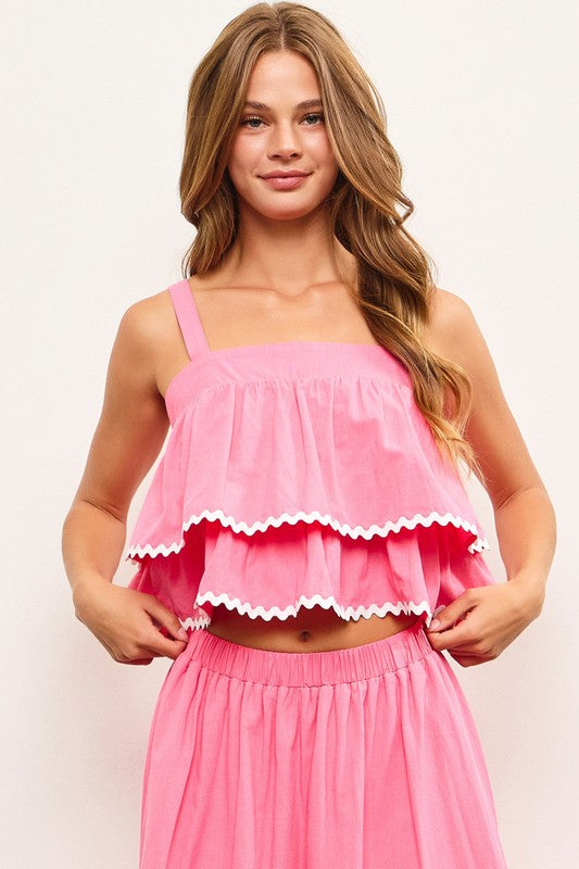 Scallop Trim Tiered Sleeve Top Candy Pink