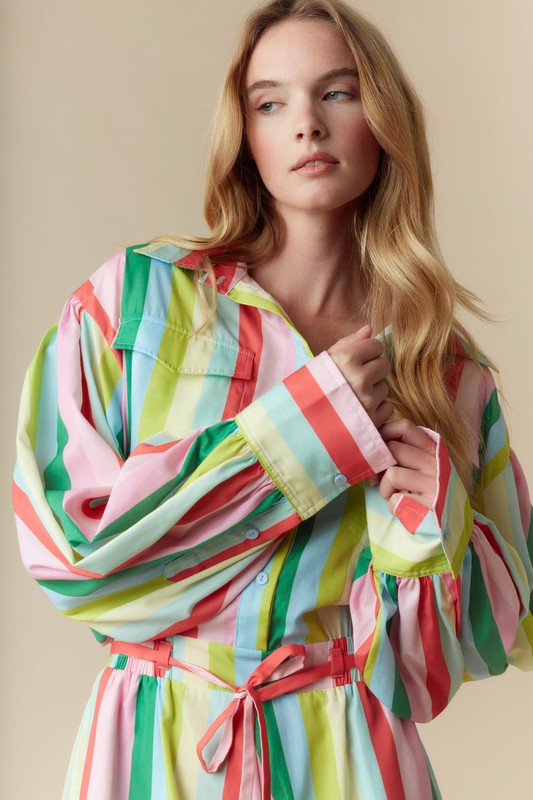 Long Sleeve Stripe Print Romper Red Multi