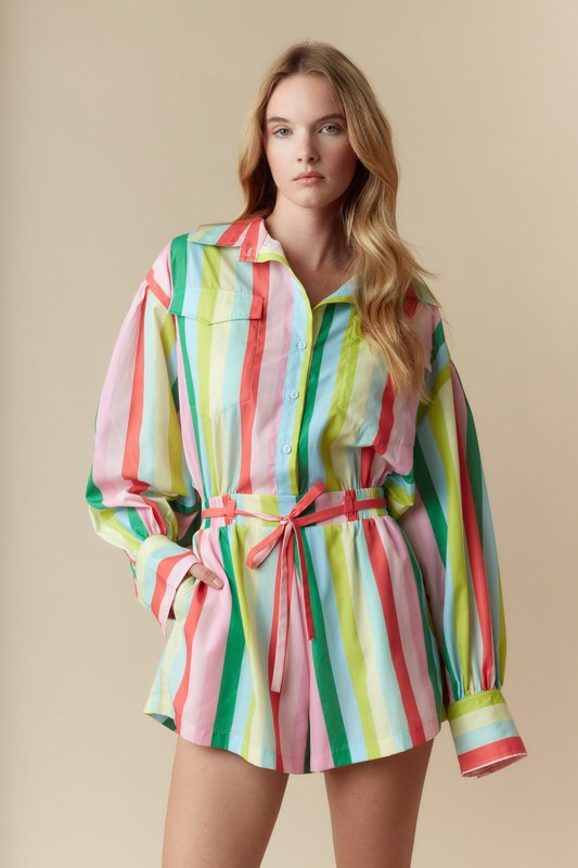 Long Sleeve Stripe Print Romper Red Multi