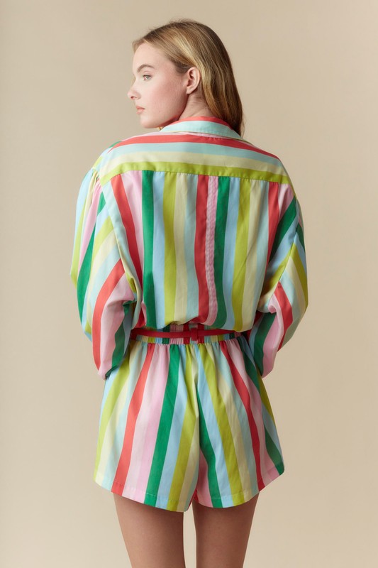 Long Sleeve Stripe Print Romper Red Multi