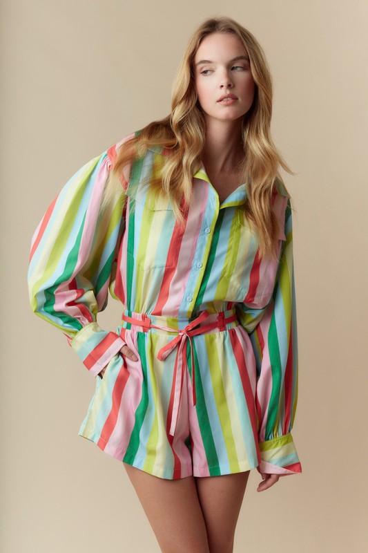 Long Sleeve Stripe Print Romper Red Multi