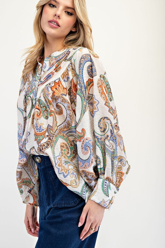 Paisley Printed Bubble Sleeve Top Ivory