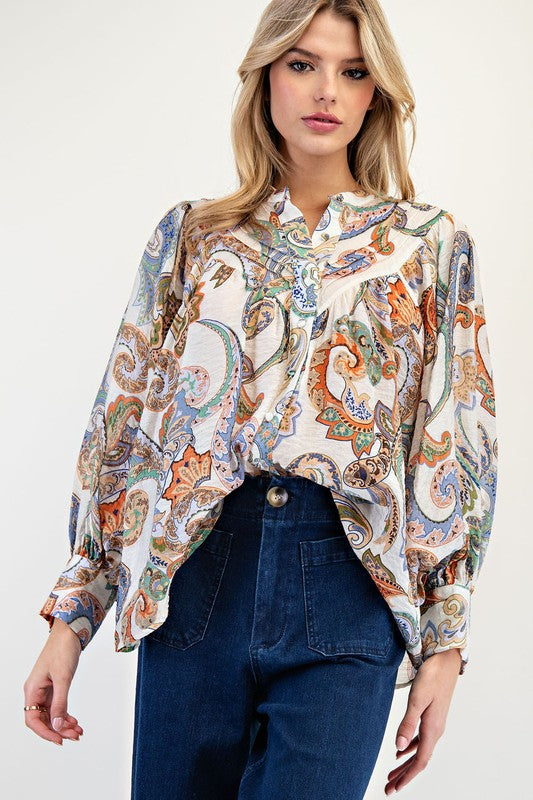 Paisley Printed Bubble Sleeve Top Ivory