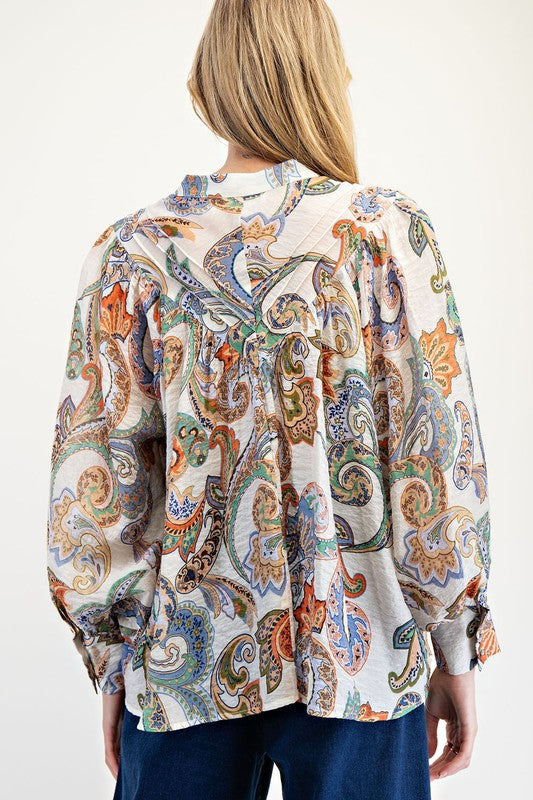 Paisley Printed Bubble Sleeve Top Ivory