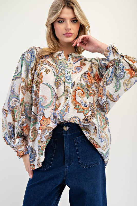Paisley Printed Bubble Sleeve Top Ivory