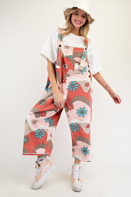 Flower Print Washed Twill Overalls Blush Mocha