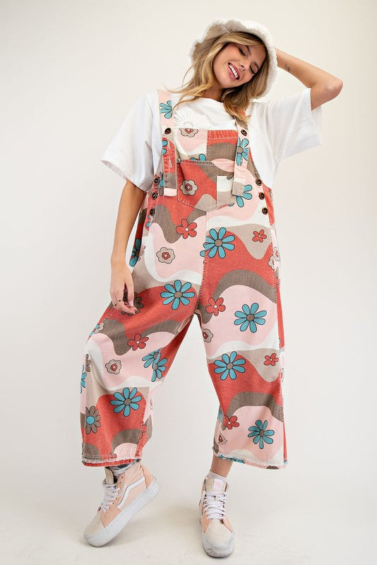 Flower Print Washed Twill Overalls Blush Mocha