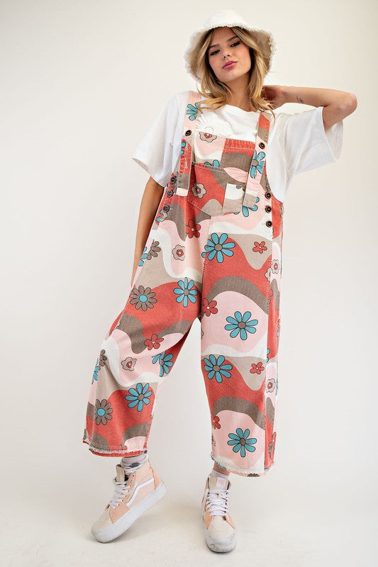 Flower Print Washed Twill Overalls Blush Mocha