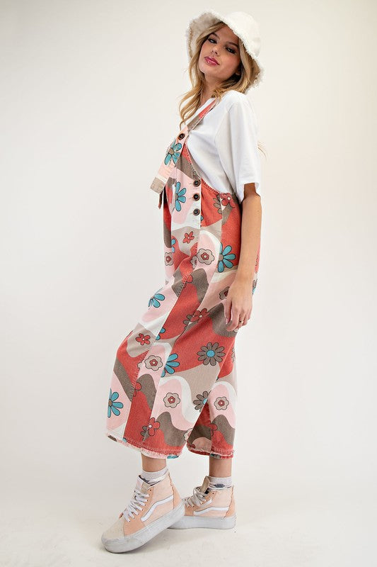 Flower Print Washed Twill Overalls Blush Mocha