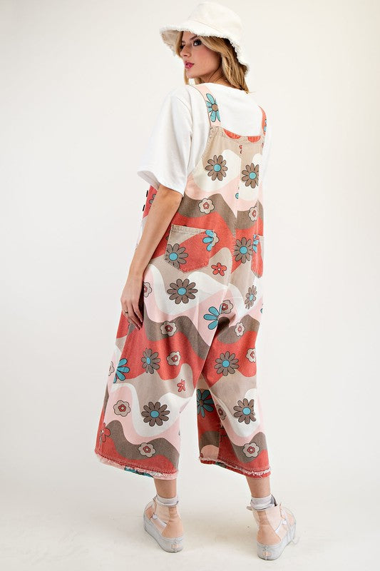 Flower Print Washed Twill Overalls Blush Mocha