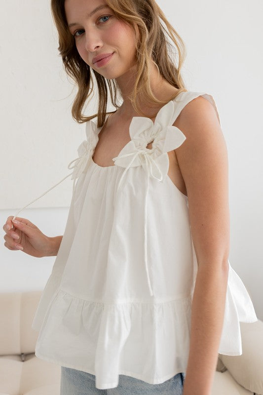 Floral Bow Accent Sleeveless Top Off White