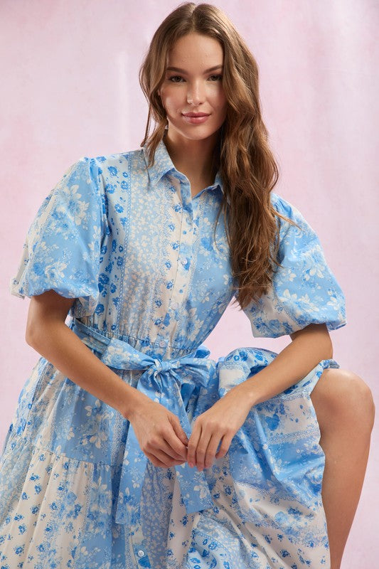 Floral Patchwork Printed Maxi Dress Blue