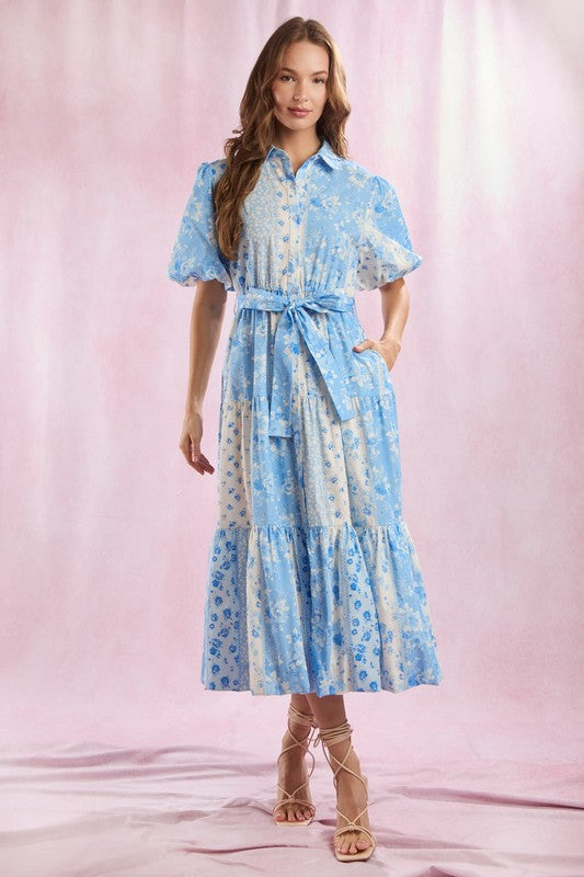 Floral Patchwork Printed Maxi Dress Blue