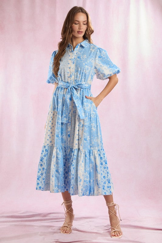 Floral Patchwork Printed Maxi Dress Blue