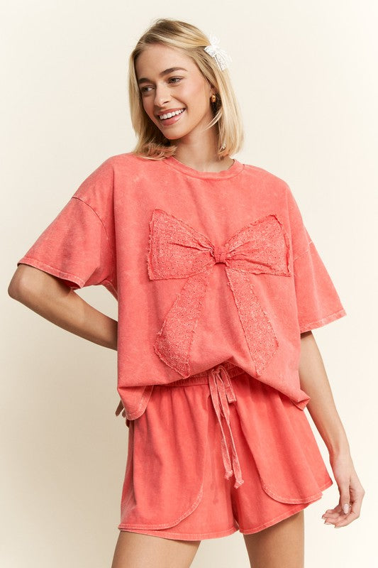 Mineral Wash Ribbon Bow Top Orange Red