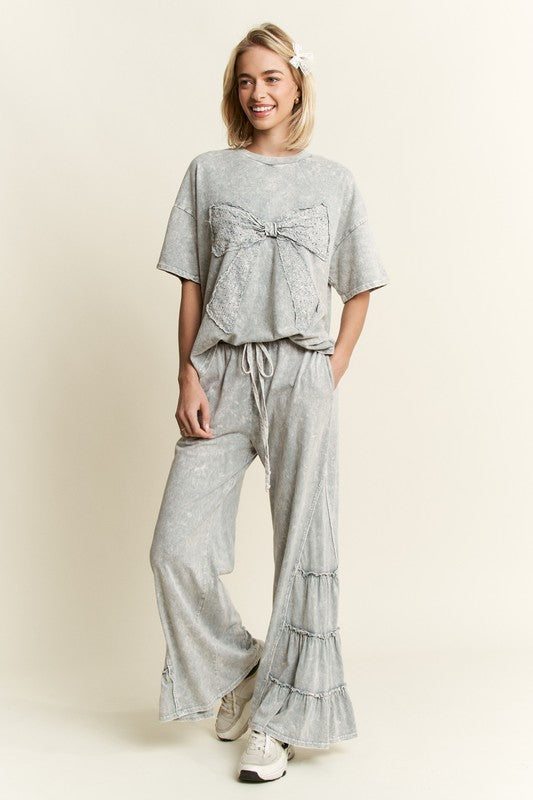 Mineral Wash Ribbon Bow Top Silver Grey