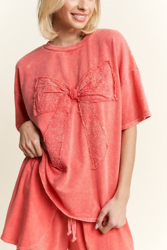 Mineral Wash Ribbon Bow Top Orange Red