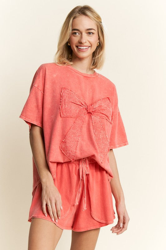 Mineral Wash Ribbon Bow Top Orange Red