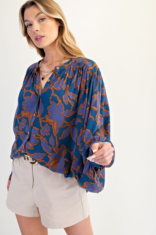 Printed Rayon Gauze Blouse Top Indigo