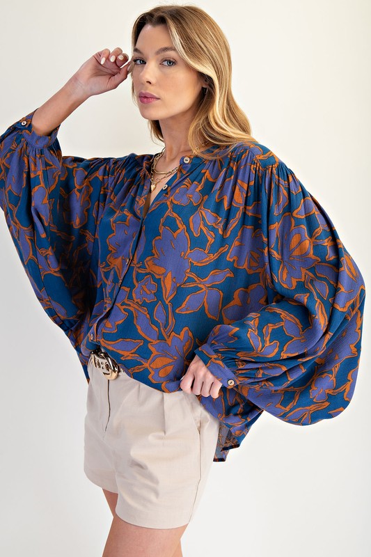 Printed Rayon Gauze Blouse Top Indigo