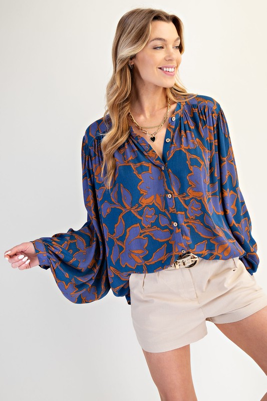 Printed Rayon Gauze Blouse Top Indigo