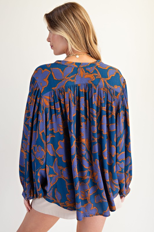 Printed Rayon Gauze Blouse Top Indigo