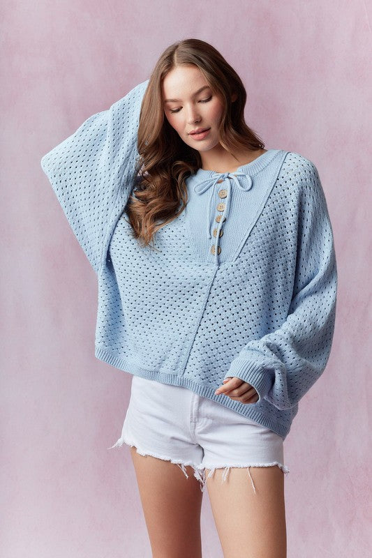 Henley Neck Dolman Sleeve Sweater Light Blue