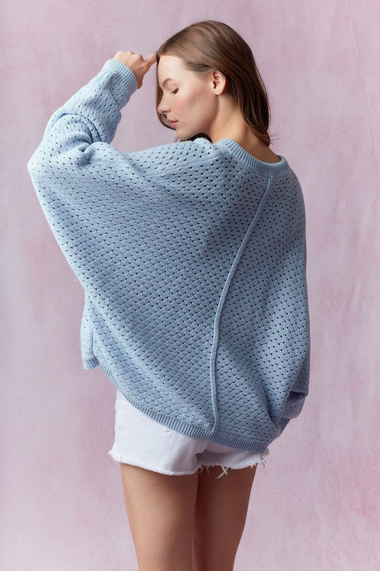 Henley Neck Dolman Sleeve Sweater Light Blue