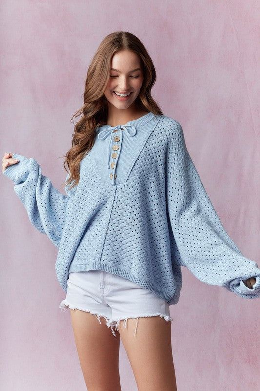 Henley Neck Dolman Sleeve Sweater Light Blue