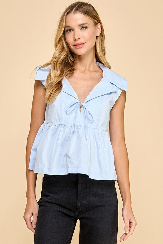 Sleeveless Collared Peplum Hem Top Light Blue