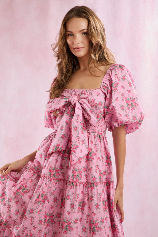 Floral Printed Front Bow Detail Maxi Dress Pink