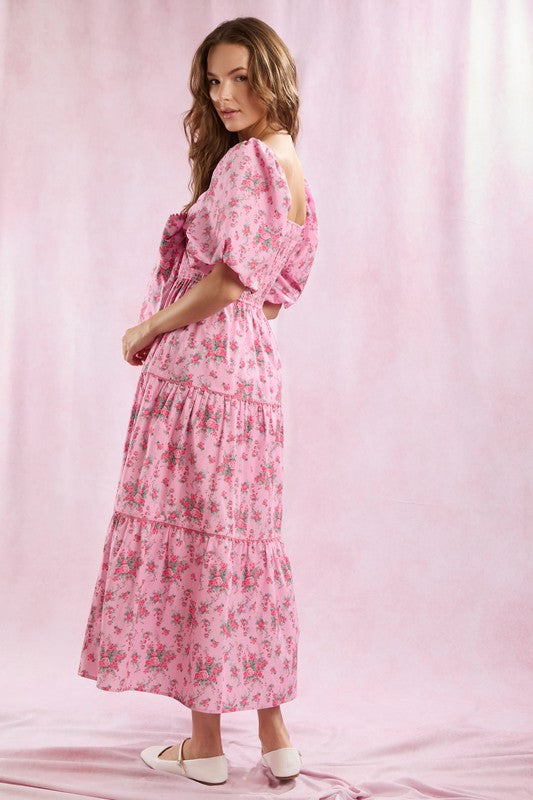 Floral Printed Front Bow Detail Maxi Dress Pink
