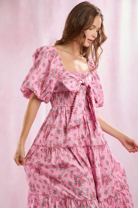 Floral Printed Front Bow Detail Maxi Dress Pink