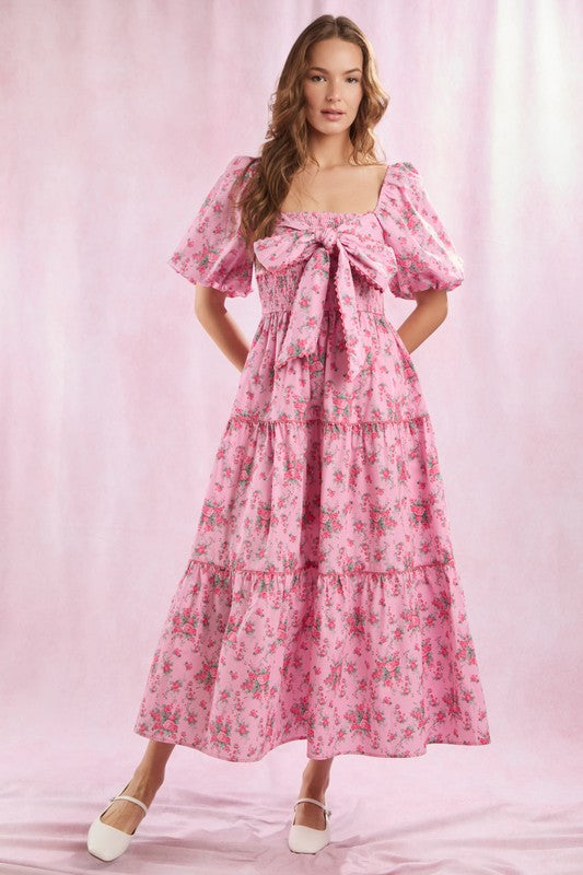 Floral Printed Front Bow Detail Maxi Dress Pink