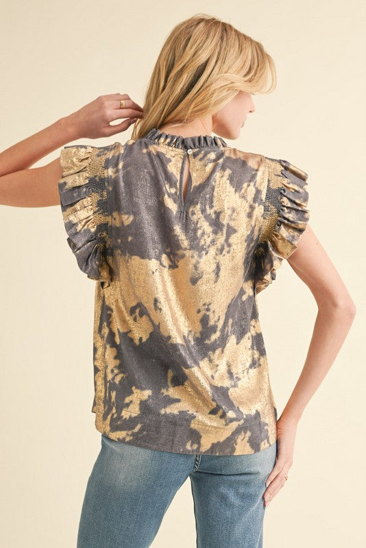 Metallic Print Ruffled Top Silver