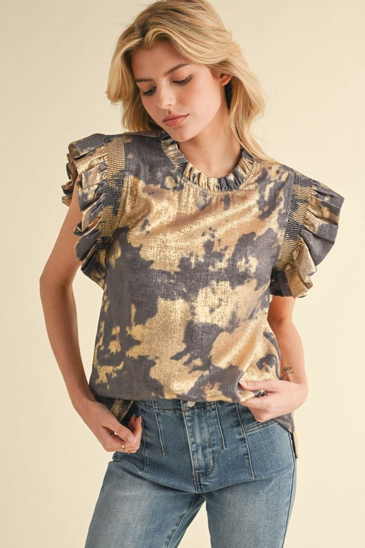 Metallic Print Ruffled Top Silver