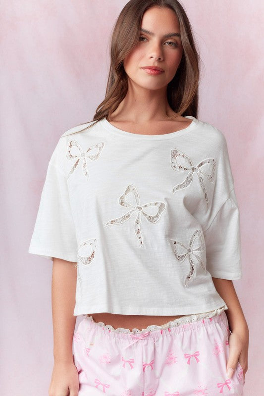 Bow Lace Laser Cut Embroidered Top Off White