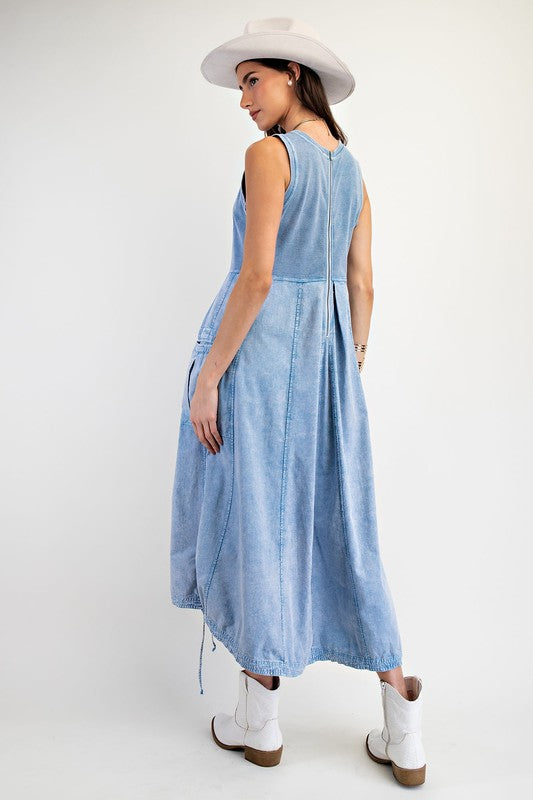 Sleeveless Rib Knit Cargo Mxi Dress Denim