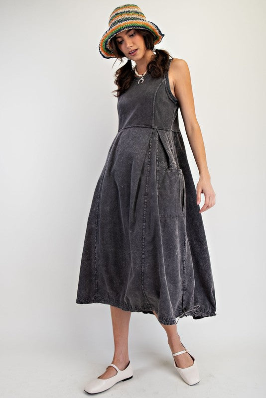 Sleeveless Rib Knit Cargo Mxi Dress Black