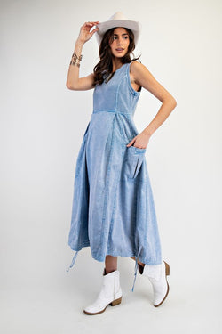Sleeveless Rib Knit Cargo Mxi Dress Denim