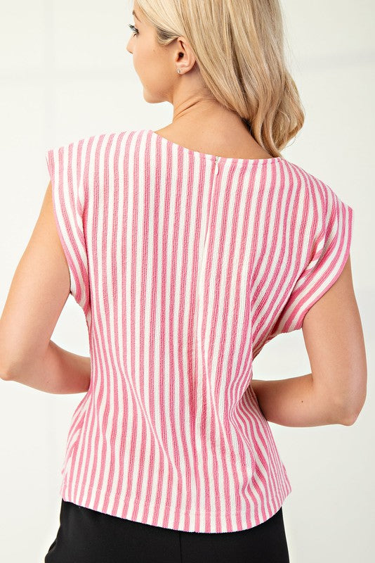 Round Neck Waist Pleated Top Pink