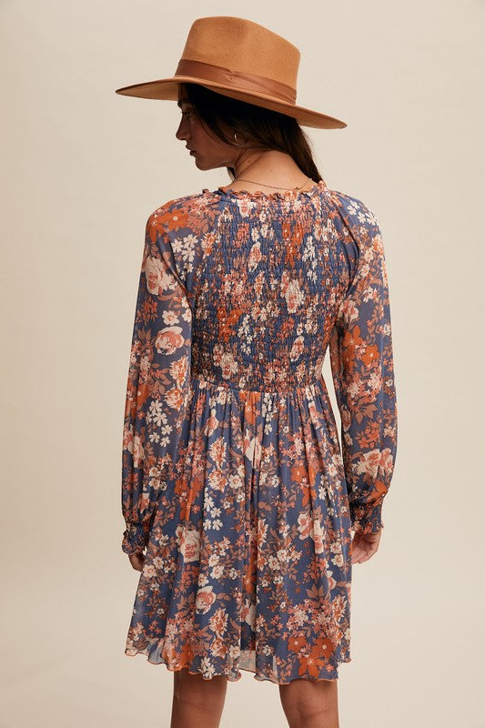 Floral Smocked Long Sleeve Dress Denim Floral Smocked Long Sleeve Dress Denim