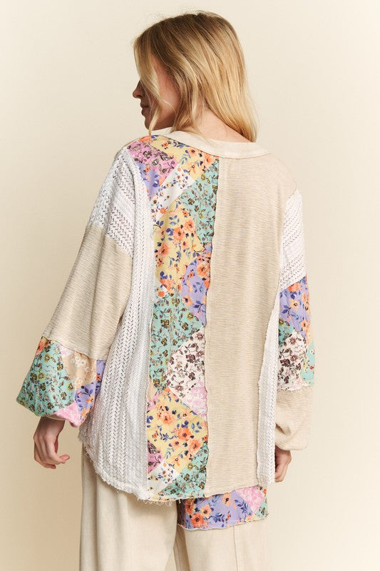 Floral WaveKnit Jacquard Boho Top Natural
