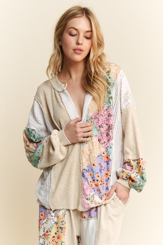 Floral WaveKnit Jacquard Boho Top Natural