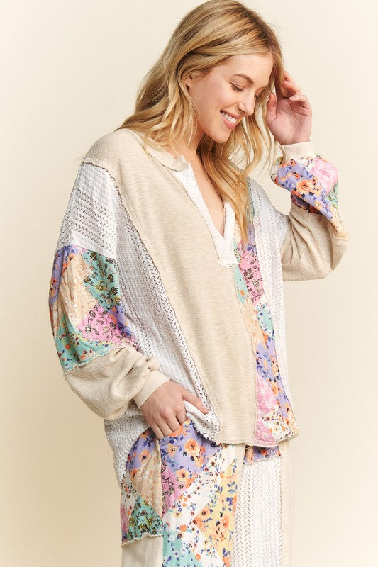 Floral WaveKnit Jacquard Boho Top Natural